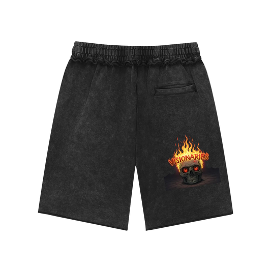Flame 🔥 Skull 💀 Mineral Wash Raw Edge Shorts