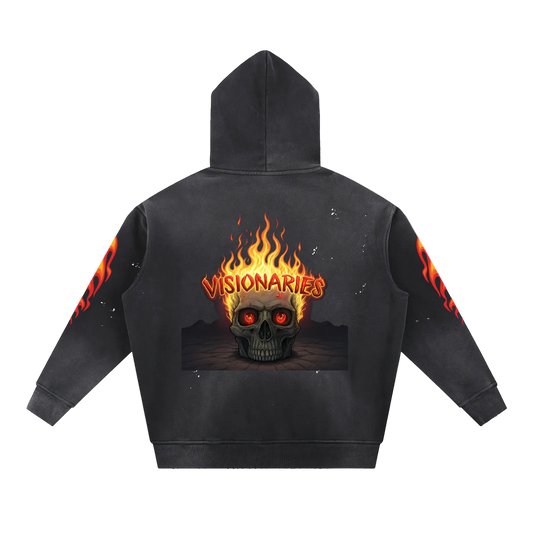 Vintage Washed Flame π₯ Skull π Fleece Hoodie