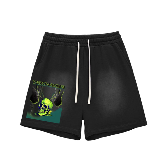 Slime 💚 Skull 💀 Sun Fade Raw Edge Cotton Shorts