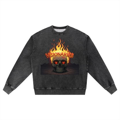 Flame 🔥  Skull 💀 Snow Wash Oversized Crewneck Sweatshirt
