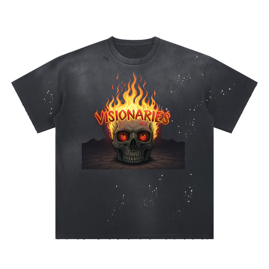 Flame 🔥 & Skull 💀Sunfade Paint Splatter T-Shirt