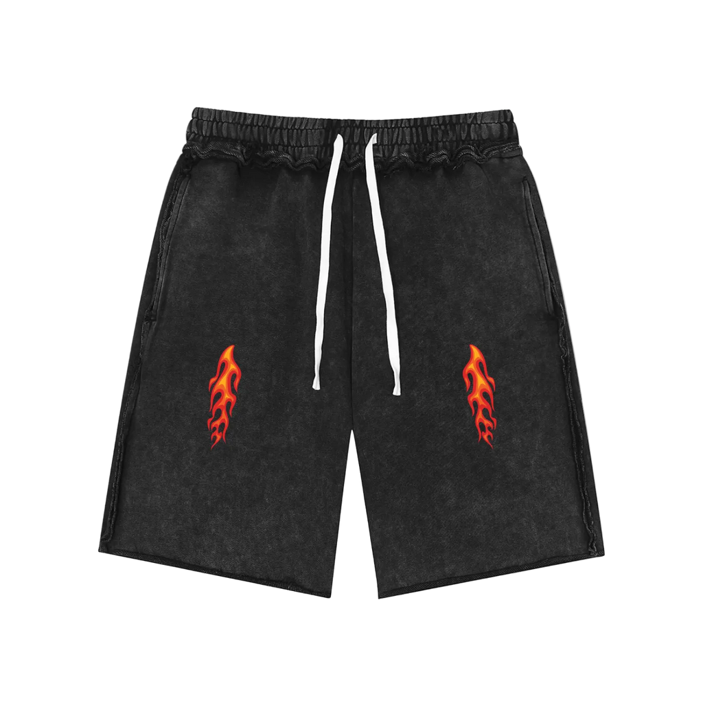 Flame 🔥  Skull 💀  Mineral Wash Raw Edge Shorts