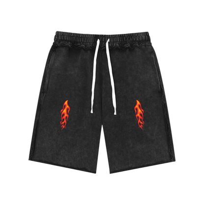 Flame 🔥  Skull 💀  Mineral Wash Raw Edge Shorts