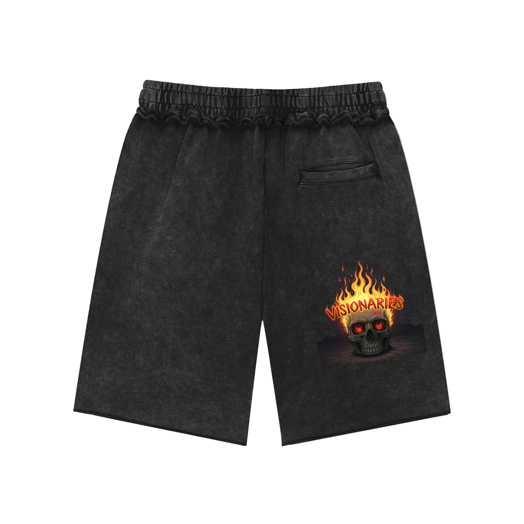 Flame 🔥  Skull 💀  Mineral Wash Raw Edge Shorts