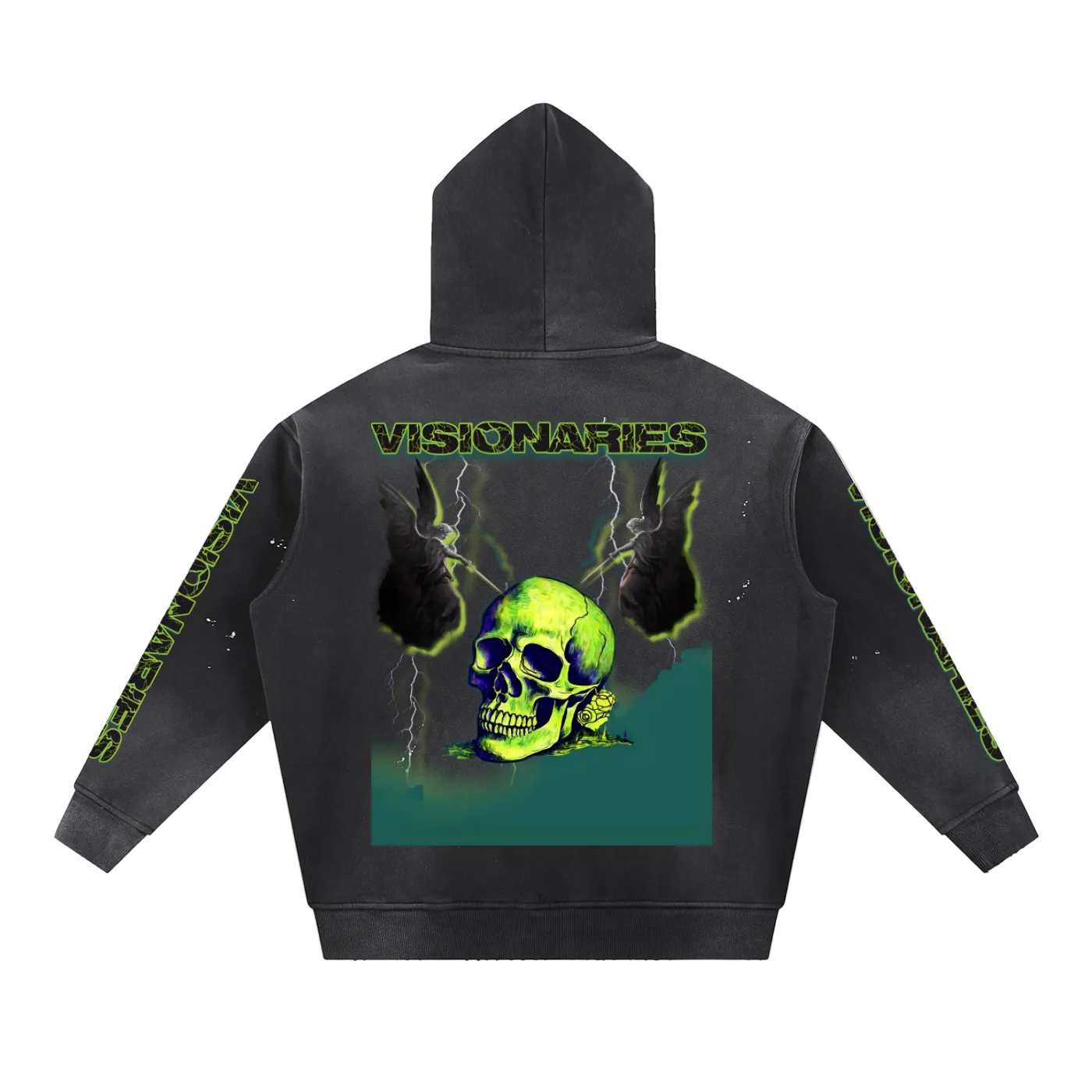 Men Vintage Washed Slime 💚 Skull 💀  Fleece Hoodie