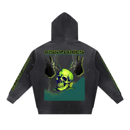 Men Vintage Washed Slime 💚 Skull 💀  Fleece Hoodie
