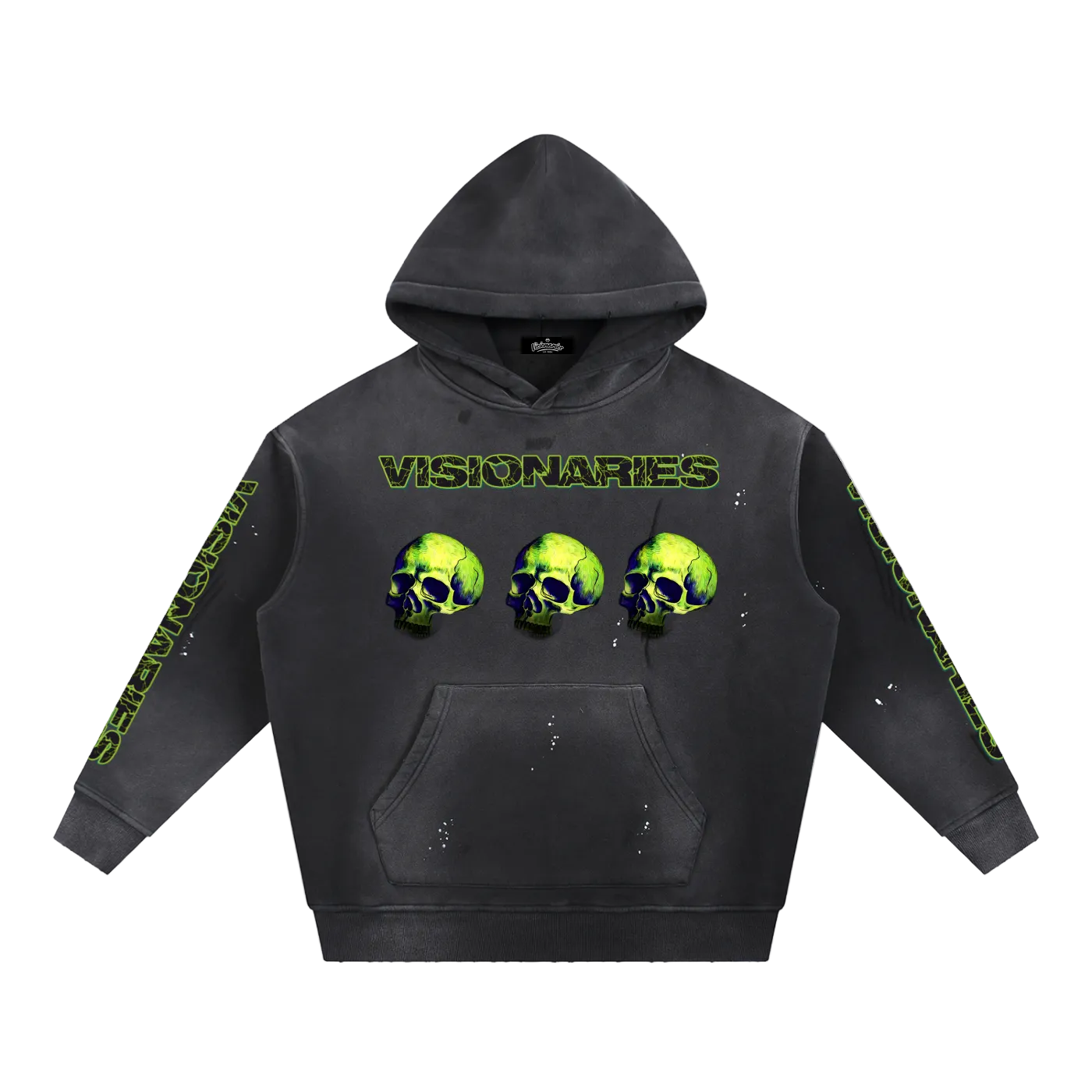 Men Vintage Washed Slime 💚 Skull 💀  Fleece Hoodie