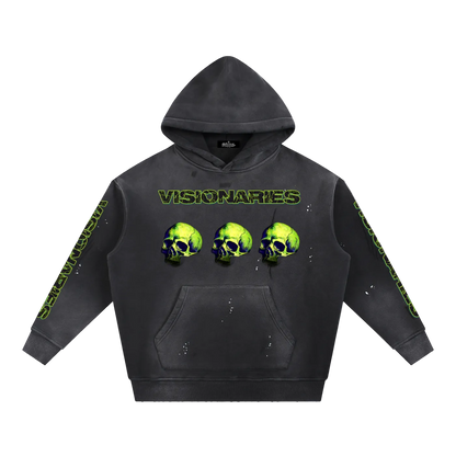 Men Vintage Washed Slime 💚 Skull 💀  Fleece Hoodie
