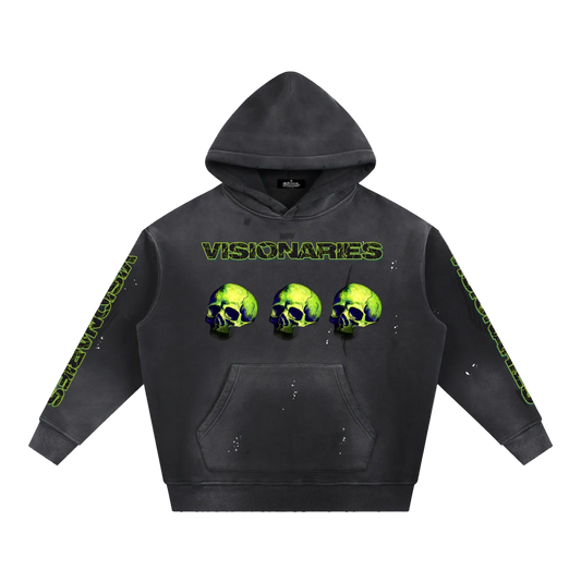 Men Vintage Washed Slime 💚 Skull 💀  Fleece Hoodie